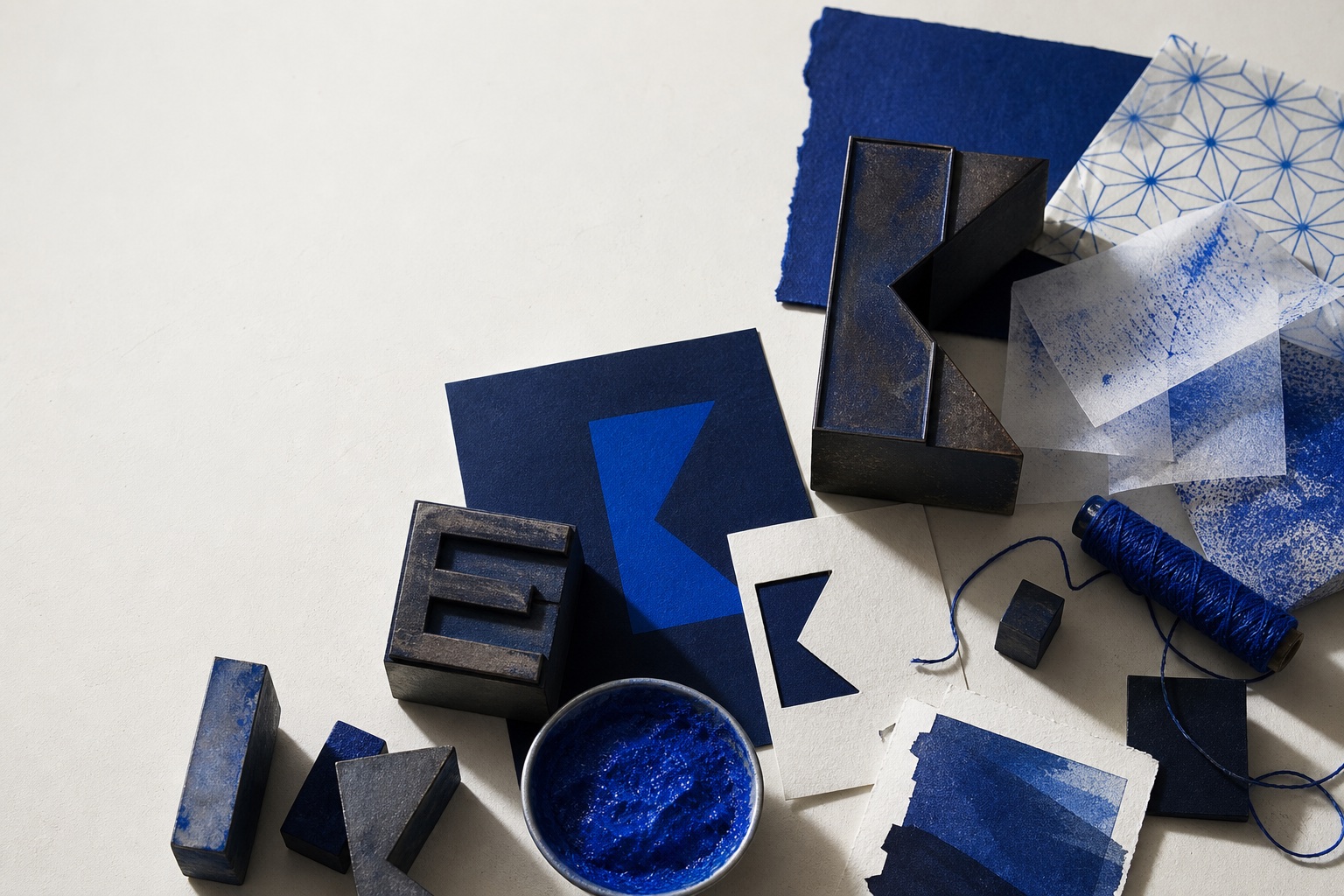 Blue typographic materials and letterpress forms exploring the KEK name