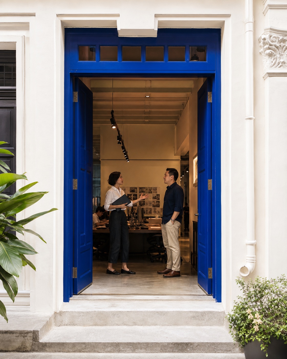 Two communications professionals talking inside an open blue Singapore shophouse doorway
