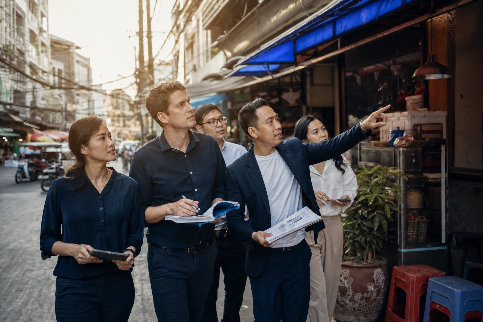 A business team learning from a local communications partner in Southeast Asia