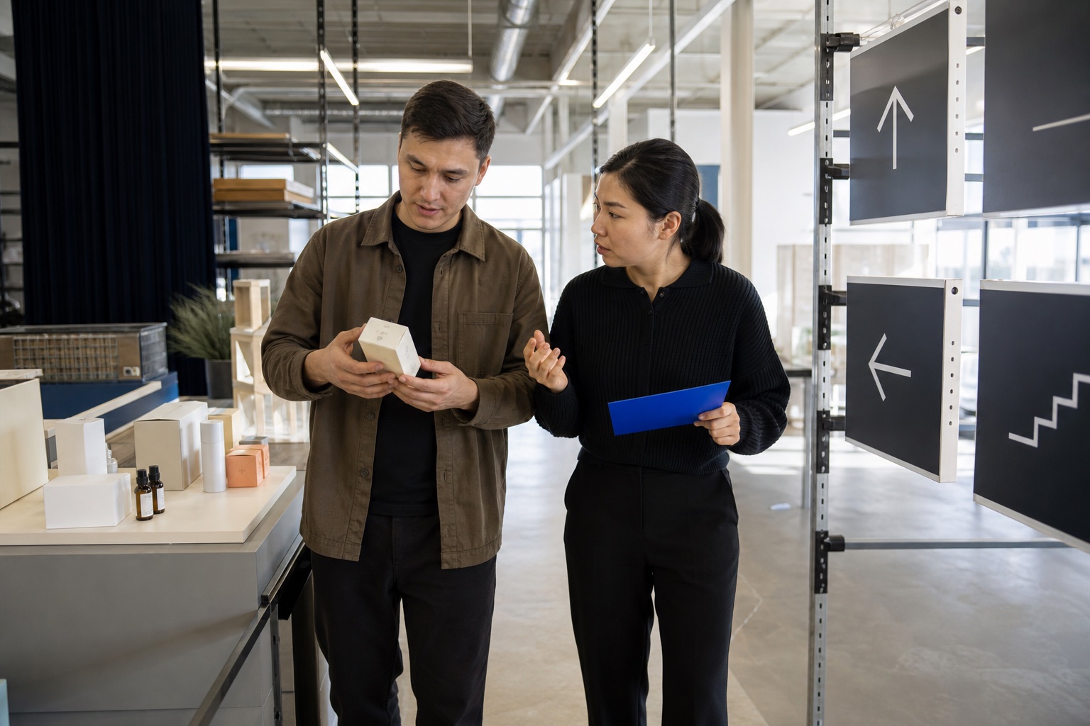 Regional founder and Asian strategist examining product evidence in an innovation workspace
