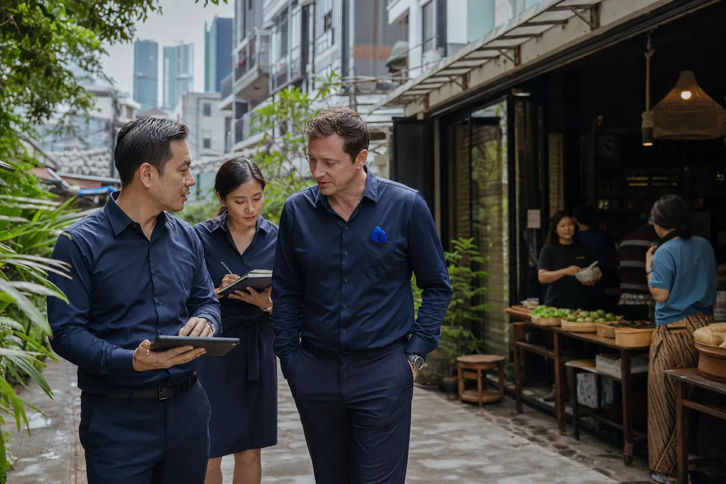 Indonesian and international business leaders studying local commerce during a Jakarta market walk