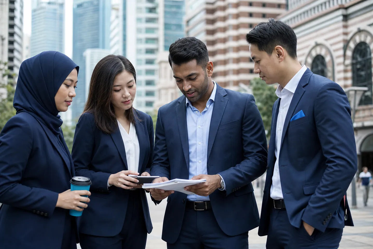 A multicultural Malaysian business team reviewing a market-entry plan in central Kuala Lumpur