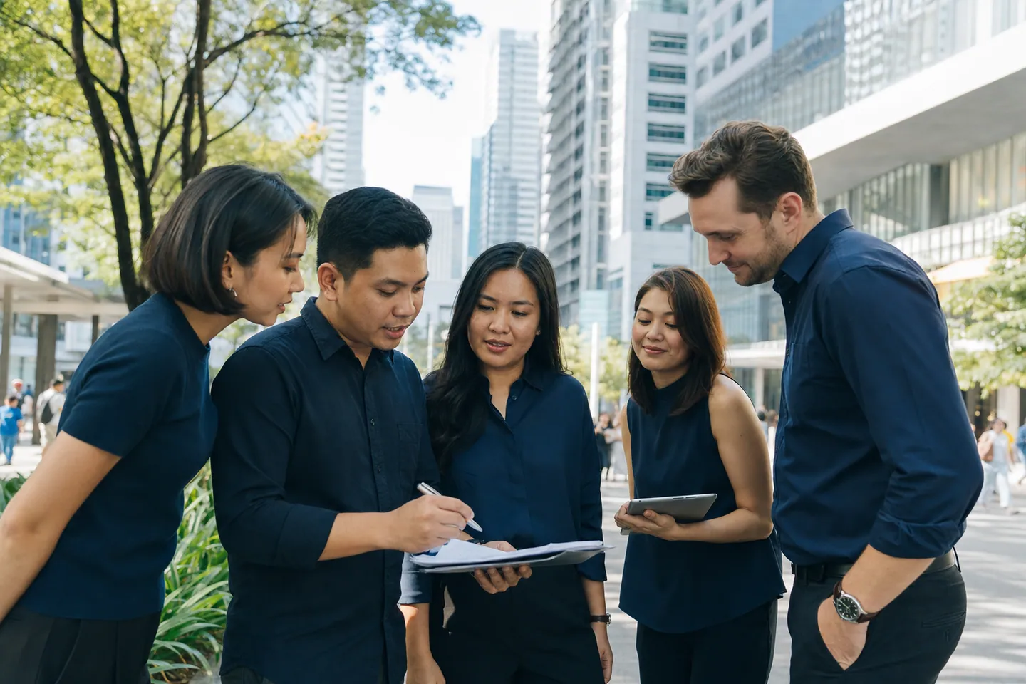 Filipino founders and an international colleague reviewing a campaign plan in Metro Manila