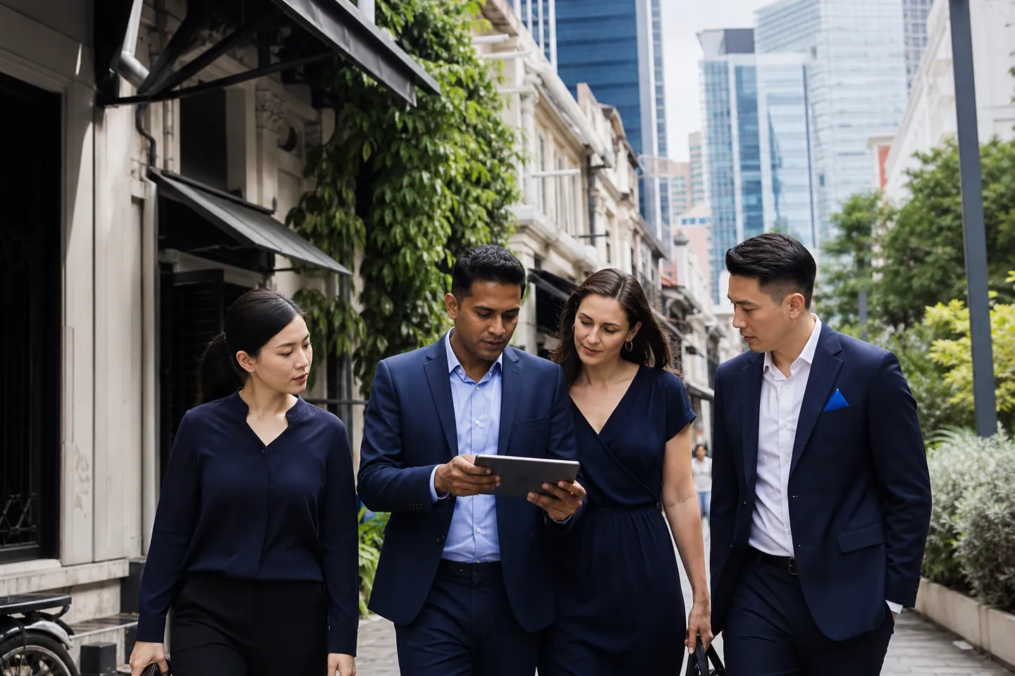 Singapore and international business leaders reviewing a market-entry plan between shophouses and the modern business district
