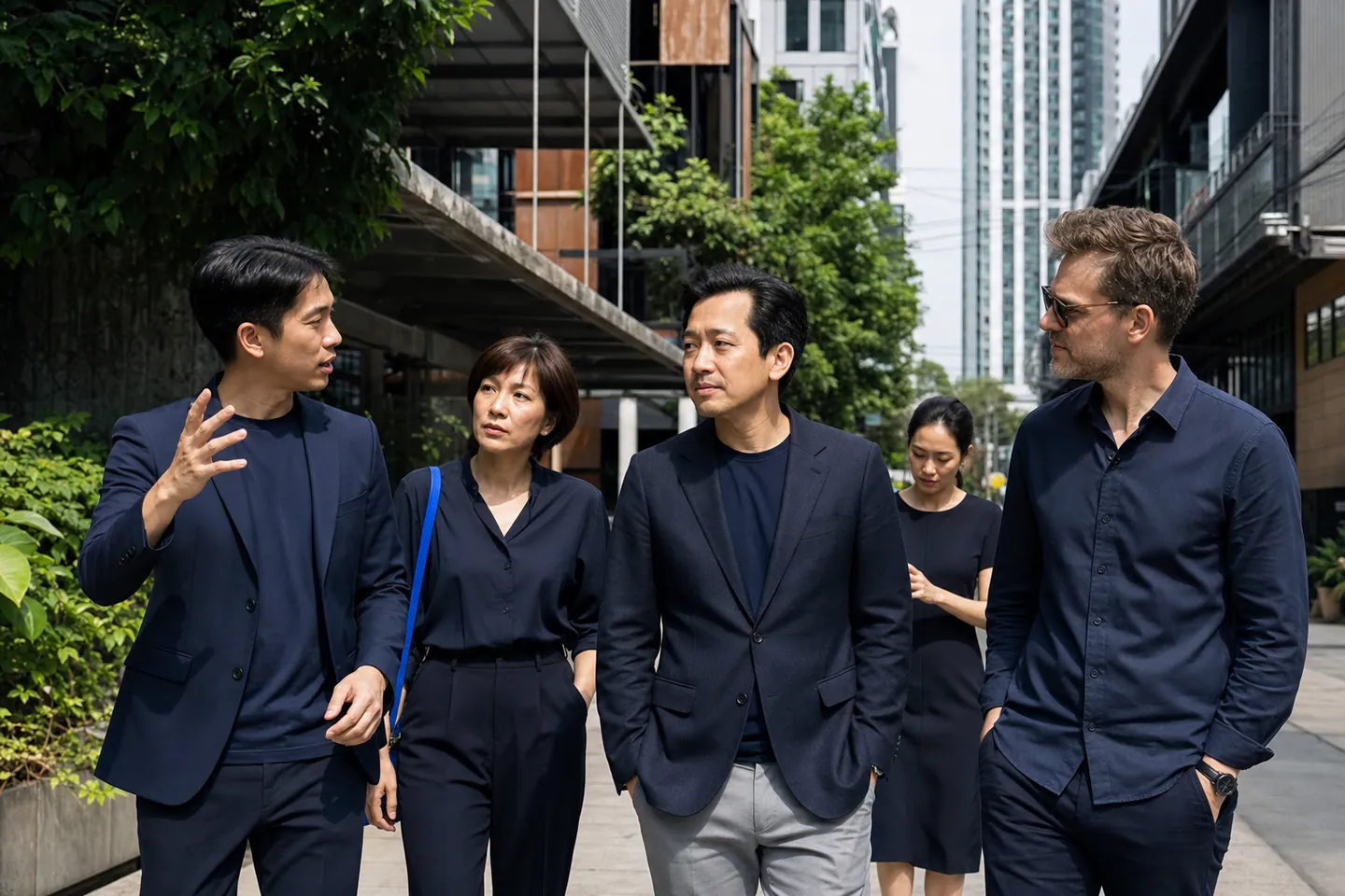Thai business leaders and an international colleague discussing a launch in a contemporary Bangkok district