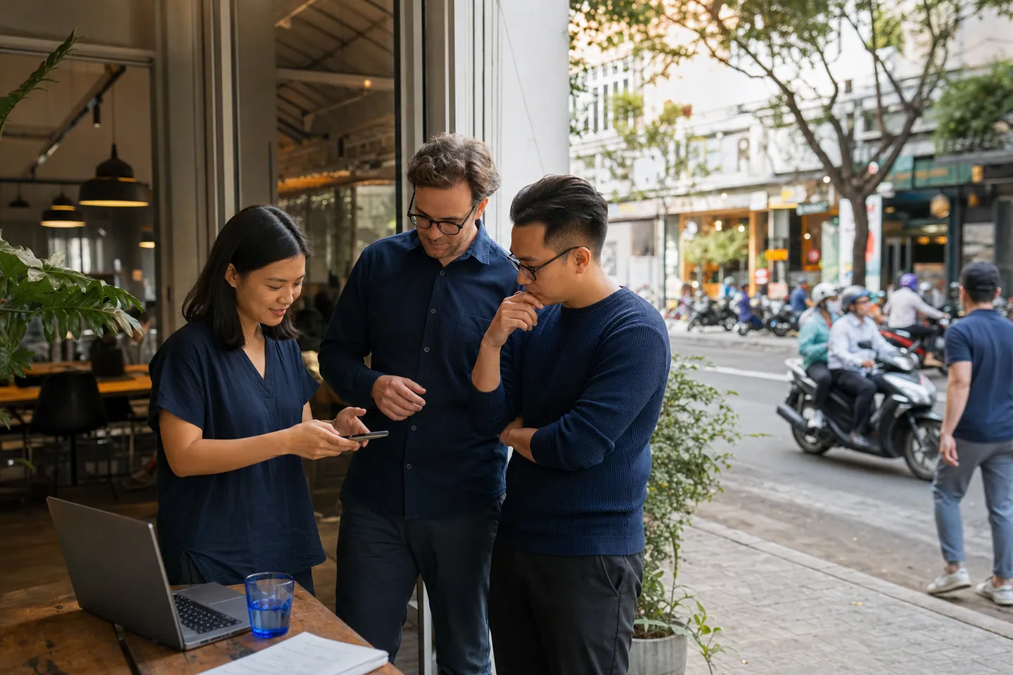 Vietnamese founders and an international adviser reviewing a launch plan beside a busy Ho Chi Minh City street